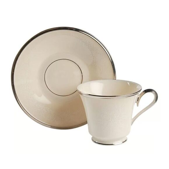 Lenox Other - Lenox Moonspun Footed 6 Set Of Cup & Saucer Ivory/Silver Trim